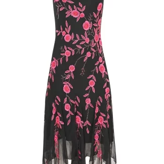 Women Annie's Archive Black Pink Rose Beaded Silk Dress