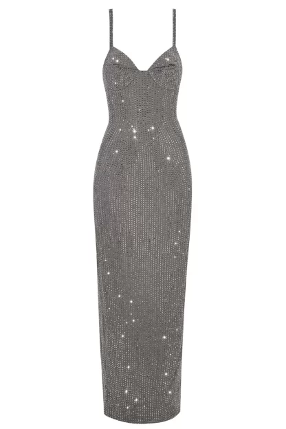 Women Area Charcoal Crystal Embellished Gown