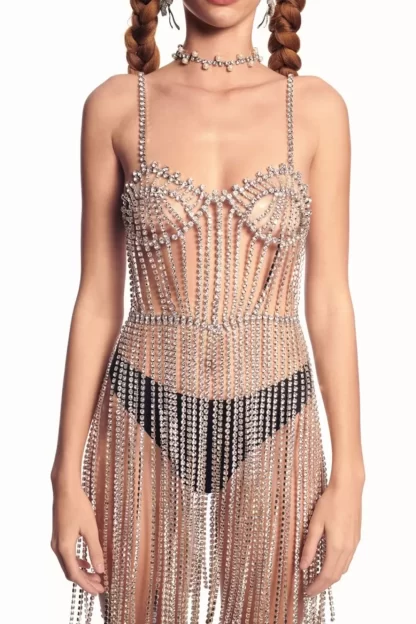 Women Area Crystal Bustier Fringe Dress