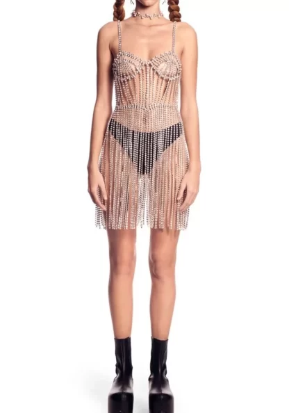 Women Area Crystal Bustier Fringe Dress