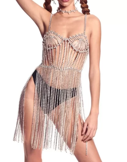 Women Area Crystal Bustier Fringe Dress