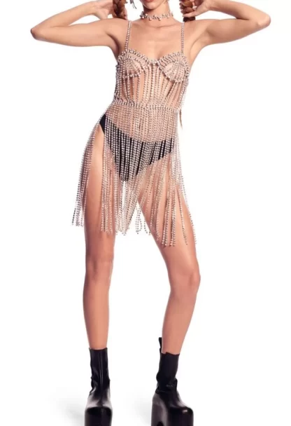 Women Area Crystal Bustier Fringe Dress