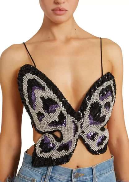 Women Area Crystal Pailette Butterfly Top