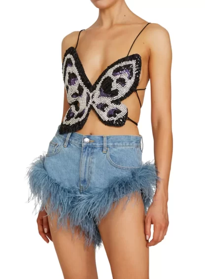 Women Area Crystal Pailette Butterfly Top