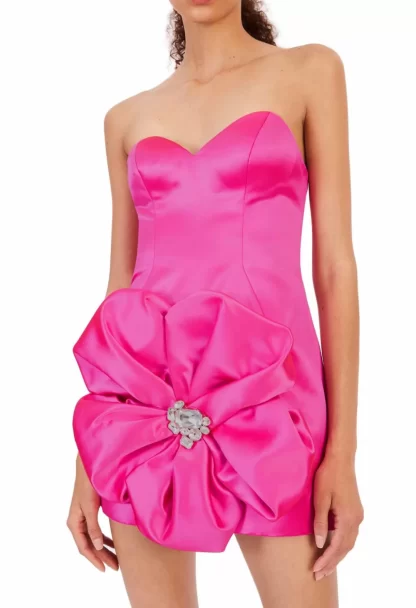Women Area Crystal Rosette Strapless Mini Dress