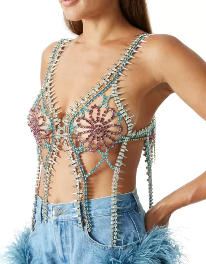 Women Area Crystal Spike Crochet Multi Flower Top