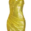 Women Area Draped Sequin Gold Mini Dress