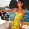 Women Area Draped Sequin Gold Mini Dress