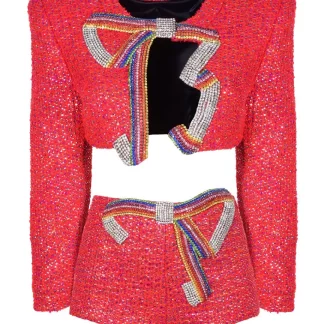 Women Area Embroidered Crystal Bow Cropped Jacket