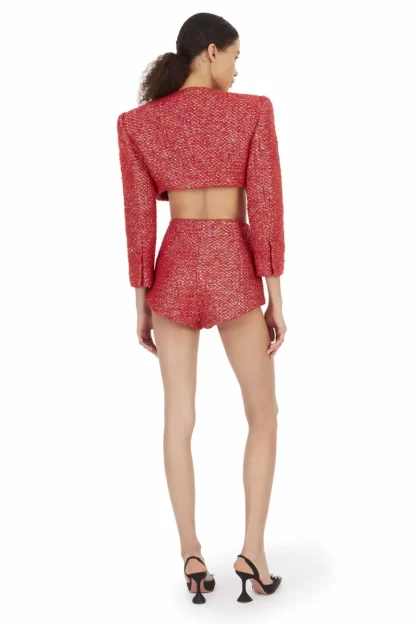 Women Area Embroidered Crystal Bow Cropped Jacket