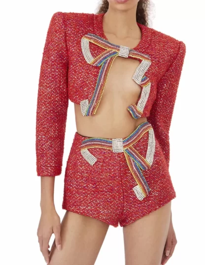 Women Area Embroidered Crystal Bow Shorts