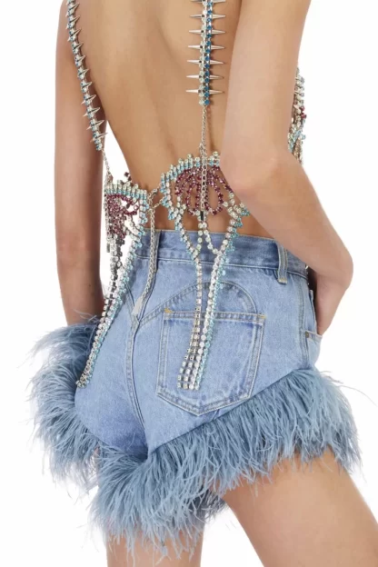 Women Area Feather Trim Hot Short