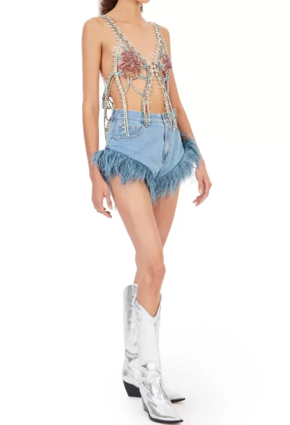 Women Area Feather Trim Hot Short