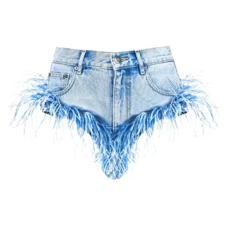Women Area Feather Trim Light Denim Shorts