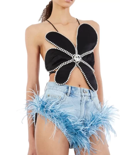 Women Area Feather Trim Light Denim Shorts