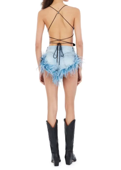 Women Area Feather Trim Light Denim Shorts