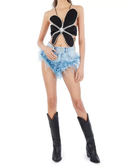 Women Area Feather Trim Light Denim Shorts