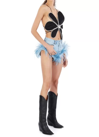 Women Area Feather Trim Light Denim Shorts