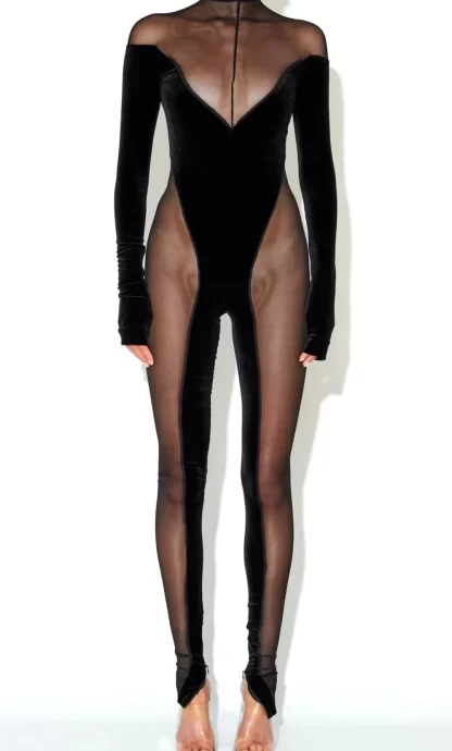 Women Laquan Smith Off Shoulder Velvet & Sheer Catsuit