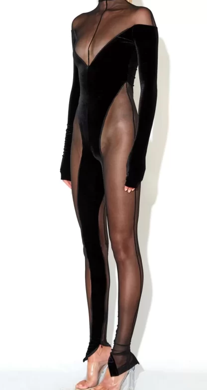 Women Laquan Smith Off Shoulder Velvet & Sheer Catsuit