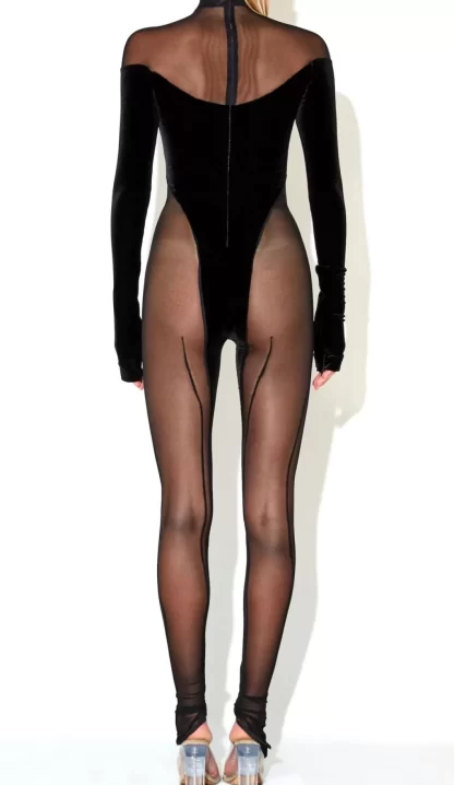 Women Laquan Smith Off Shoulder Velvet & Sheer Catsuit