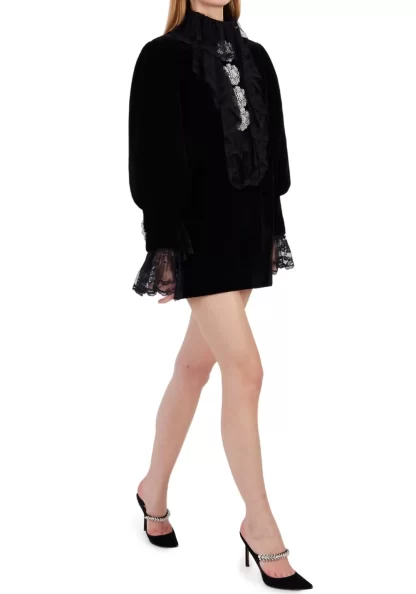 Women Richard Quinn Runway Velvet Lace Frill Mini Dress