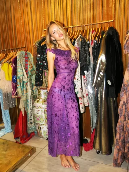 Women Annie's Archive 1920'S Purple Floral Embroidered Sheer Dress