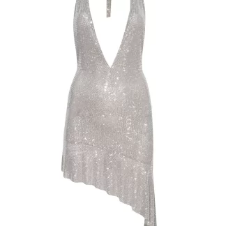Women Giuseppe Di Morabito Silver Crystal Asymmetric Mini Dress