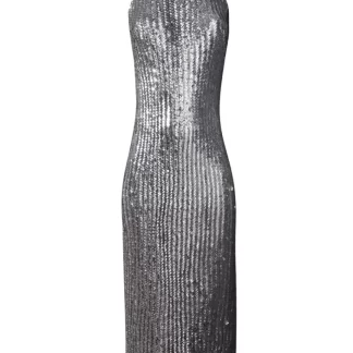 Women Ashish Silver Sequin Mermaid Halter Dress