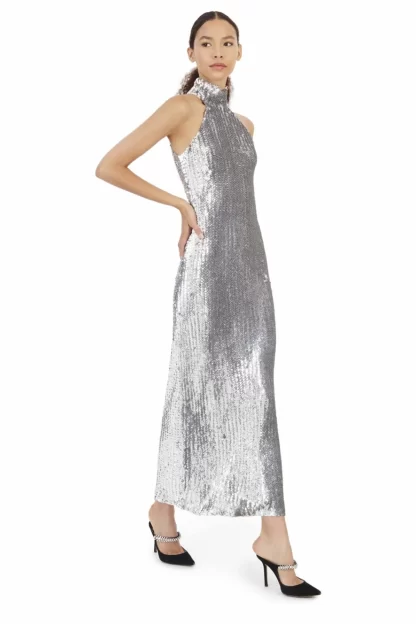 Women Ashish Silver Sequin Mermaid Halter Dress