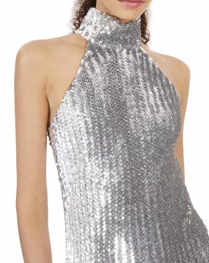 Women Ashish Silver Sequin Mermaid Halter Dress