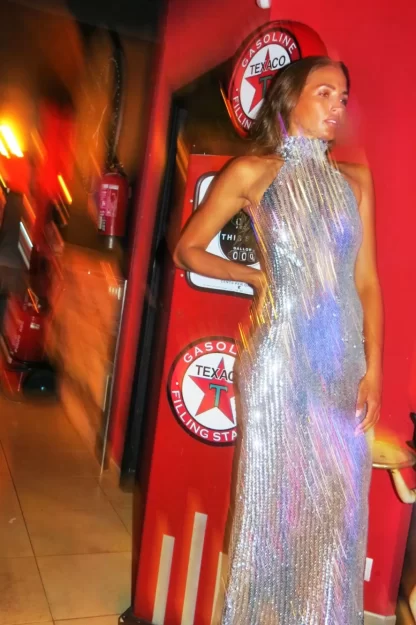 Women Ashish Silver Sequin Mermaid Halter Dress