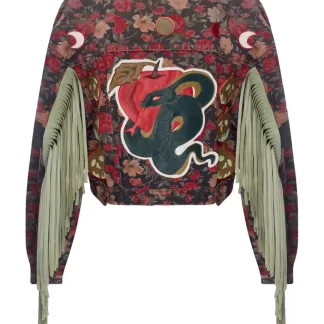 Women Momma's Blues Temptation' Floral Fringed Jacket With Apple And Serpent