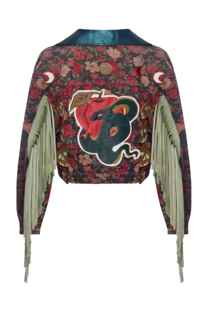 Women Momma's Blues Temptation' Floral Fringed Jacket With Apple And Serpent