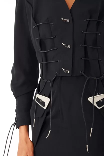 Women Annie's Archive 1994 Thierry Mugler Wool Black Buckle Jacket And Skirt.