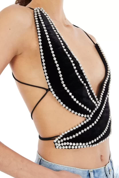 Women Area Velvet Crystal Trim Banana Top