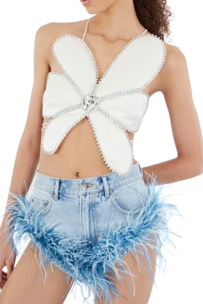 Women Area White Crystal Mussel Flower Top